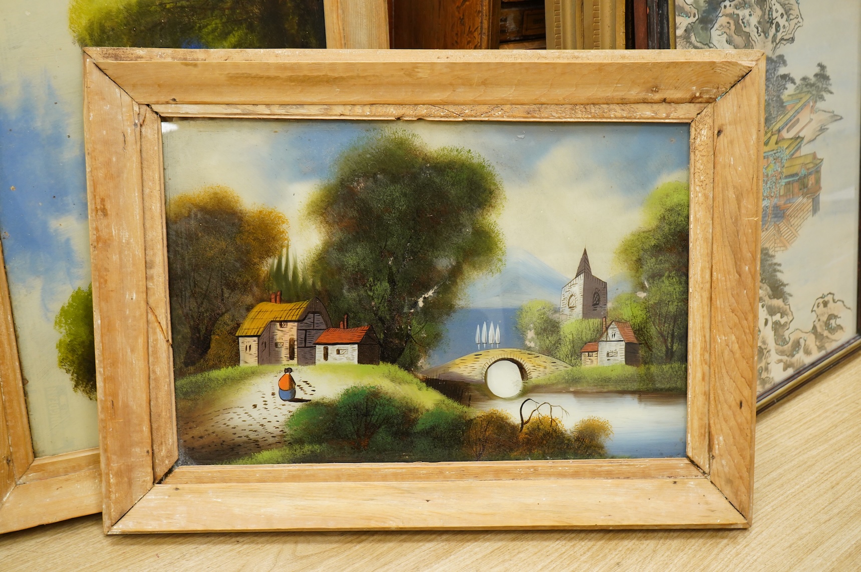 Victorian school, Riverscapes, set of four reverse glass painted panels, 39 x 59cm